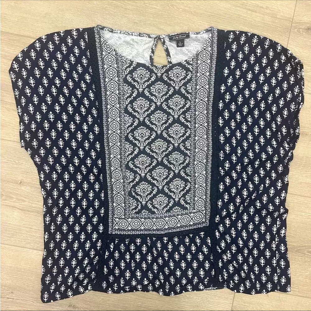 LUCKY BRAND Top Large Boho Dolman Sleeveless Boxy Cotton Blend Navy Blue